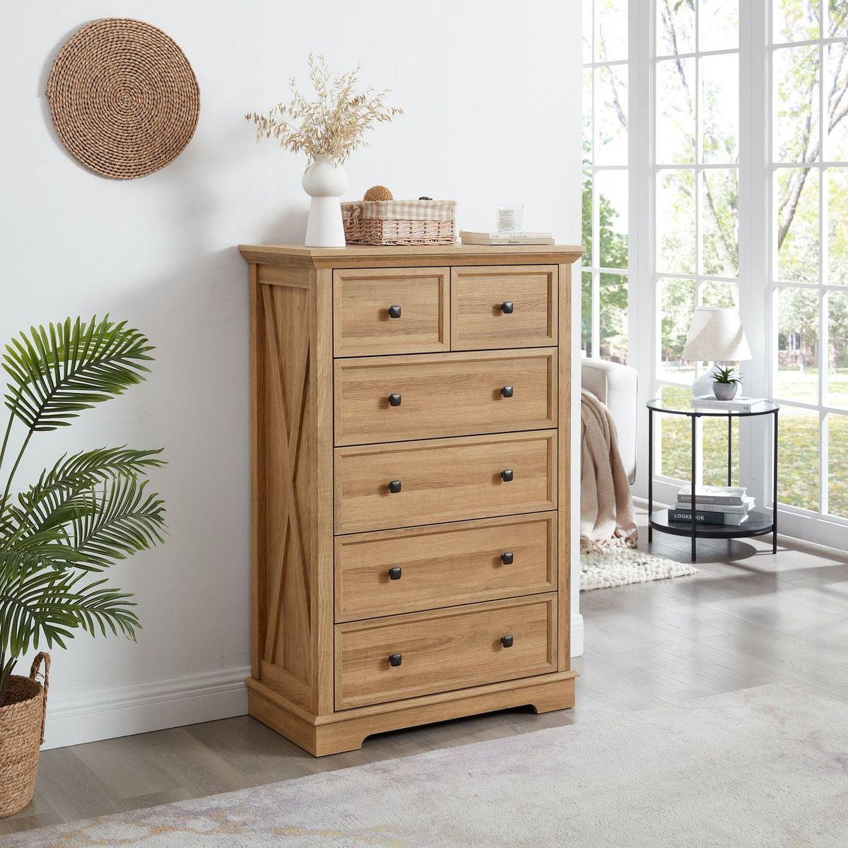 6 Drawer Dresser,6 Drawers cabinet Tall Chest of Drawers Closet Organizers Storage Clothes, cabinet of 6 drawers Living Room, OAK, 31.50"Lx15.75W"x47.64"H