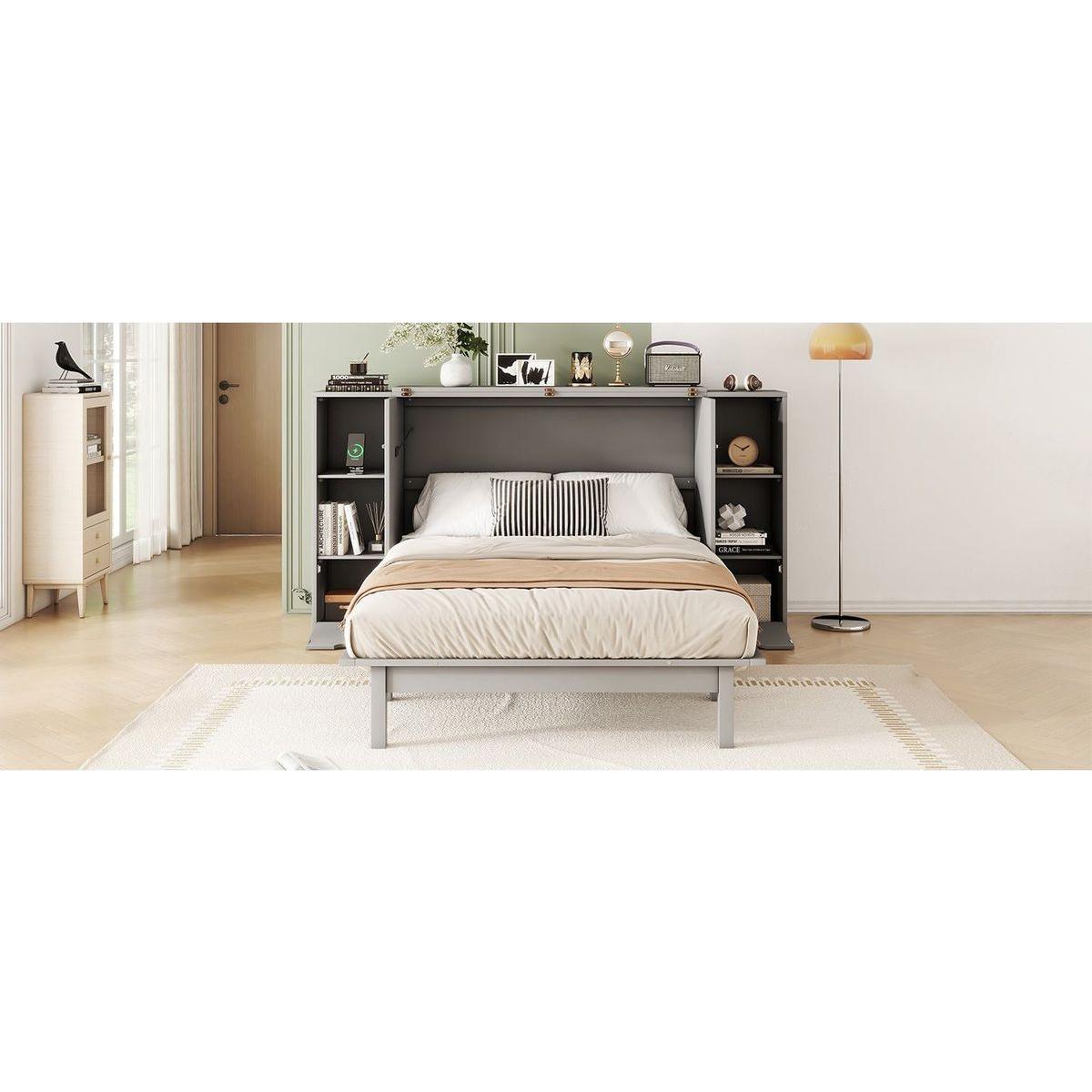 Full Size Murphy Bed with Shelves, Drawers and USB Ports,Gray