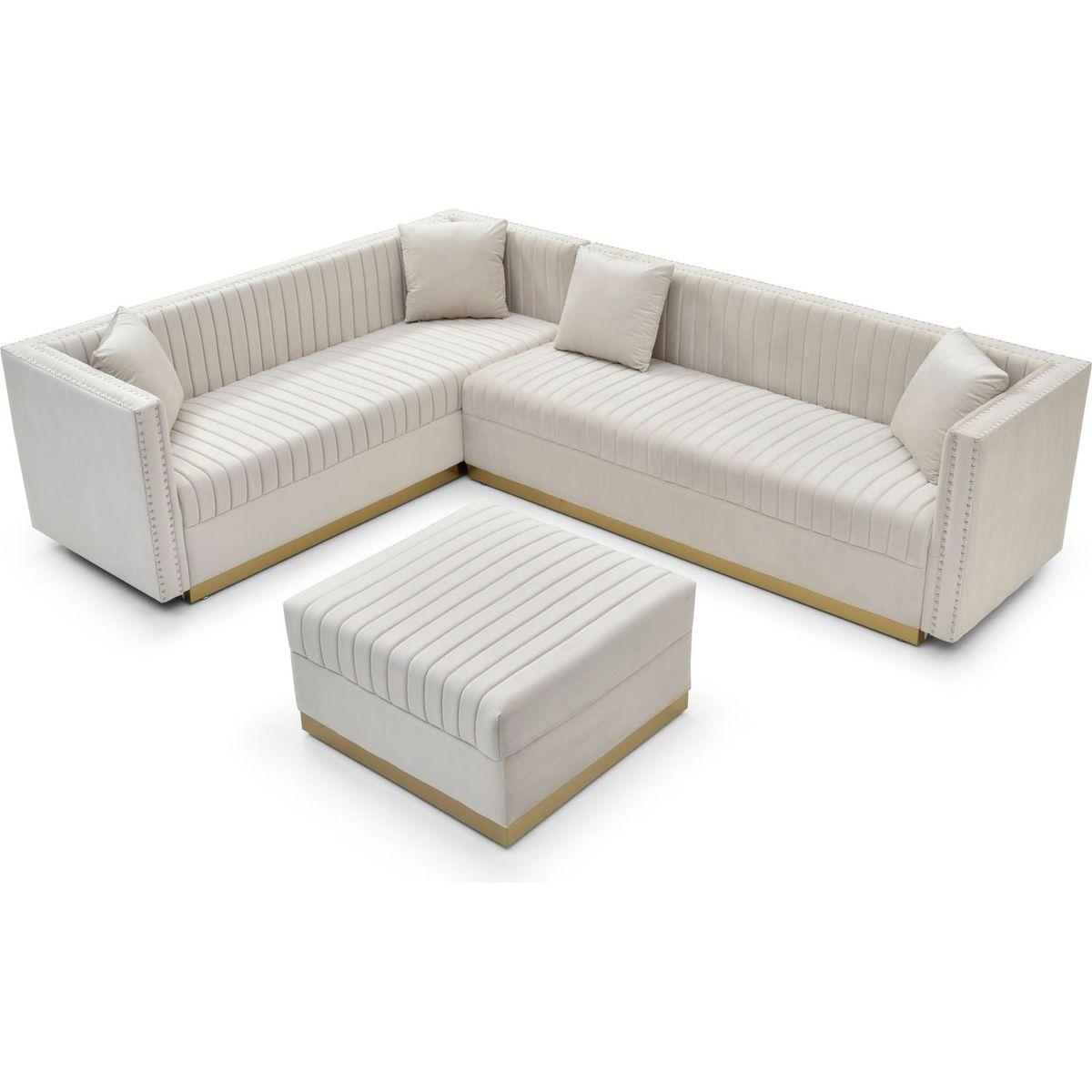 Contemporary Vertical Channel Tufted Velvet Big Size Ottoman Modern Upholstered Foot Rest for Living Room Apartment,Beige