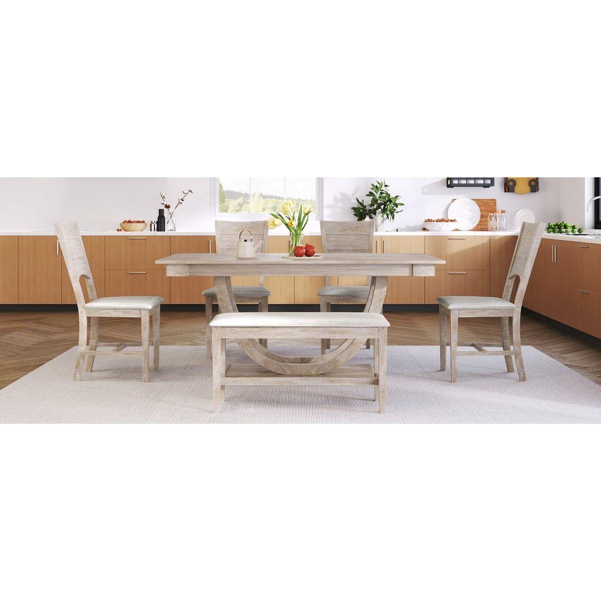 6-Piece Wood Half Round Dining Table Set Kitchen Table Set with Long Bench and 4 Dining Chairs, Modern Style, Natural