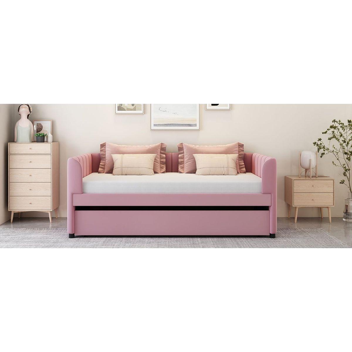 Twin Size Upholstered Daybed with Ergonomic Design Backrest and Trundle, Pink