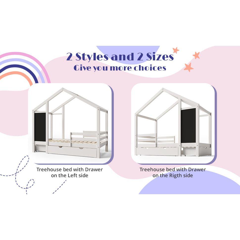 Twin House Bed with Blackboard and Drawers, Two assembly options, White