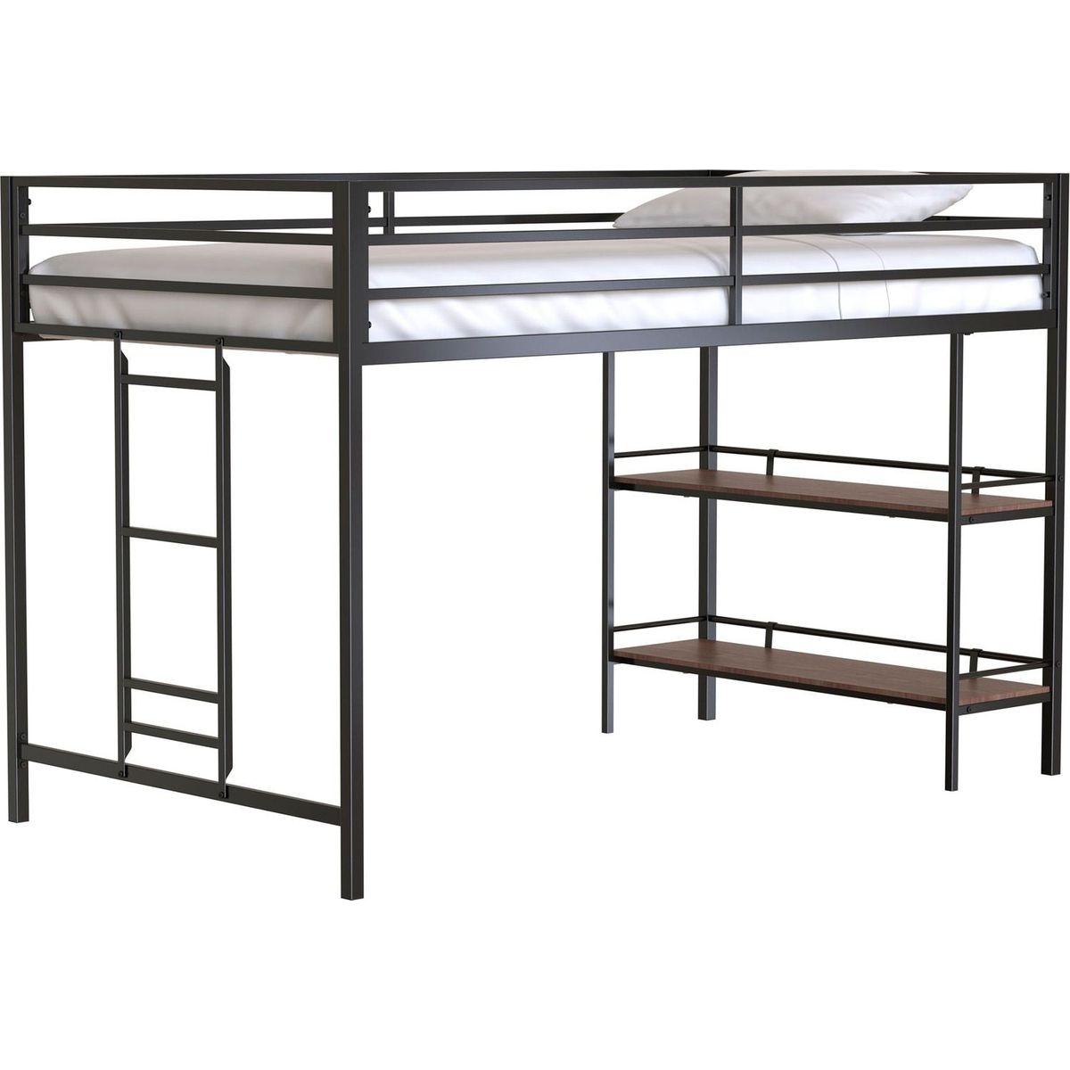Adam sturdy junior twin loft bunk black with Cinnamon wood shelf for kids with easy climbing ladder, space saving