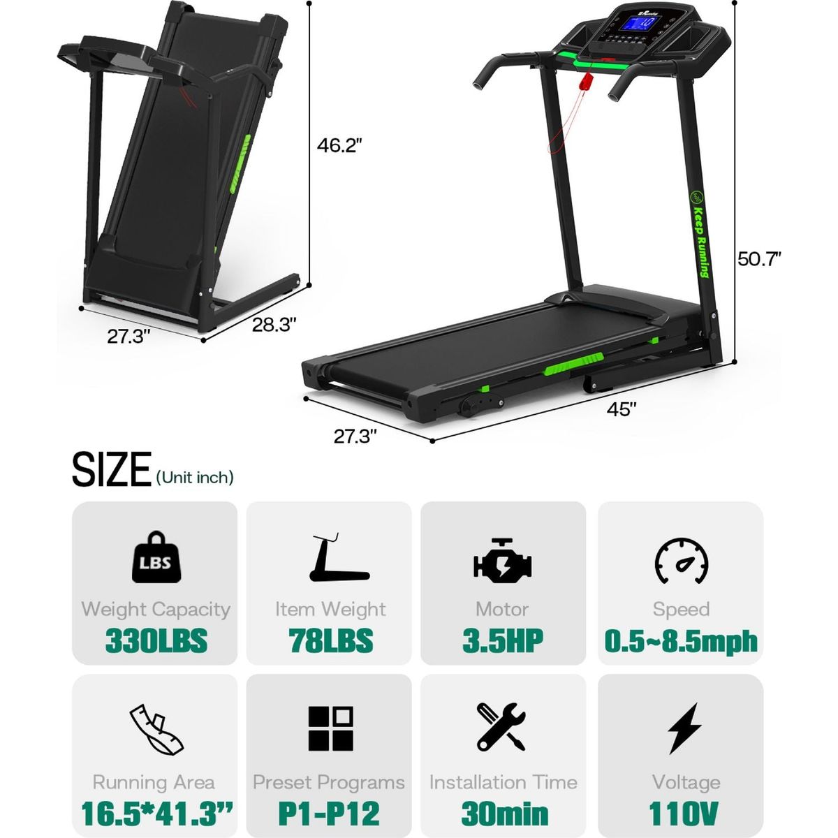 Foldable Treadmill with Incline, Folding Treadmill for Home Electric Treadmill Workout Running Machine, Handrail Controls Speed, Pulse Monitor,APP