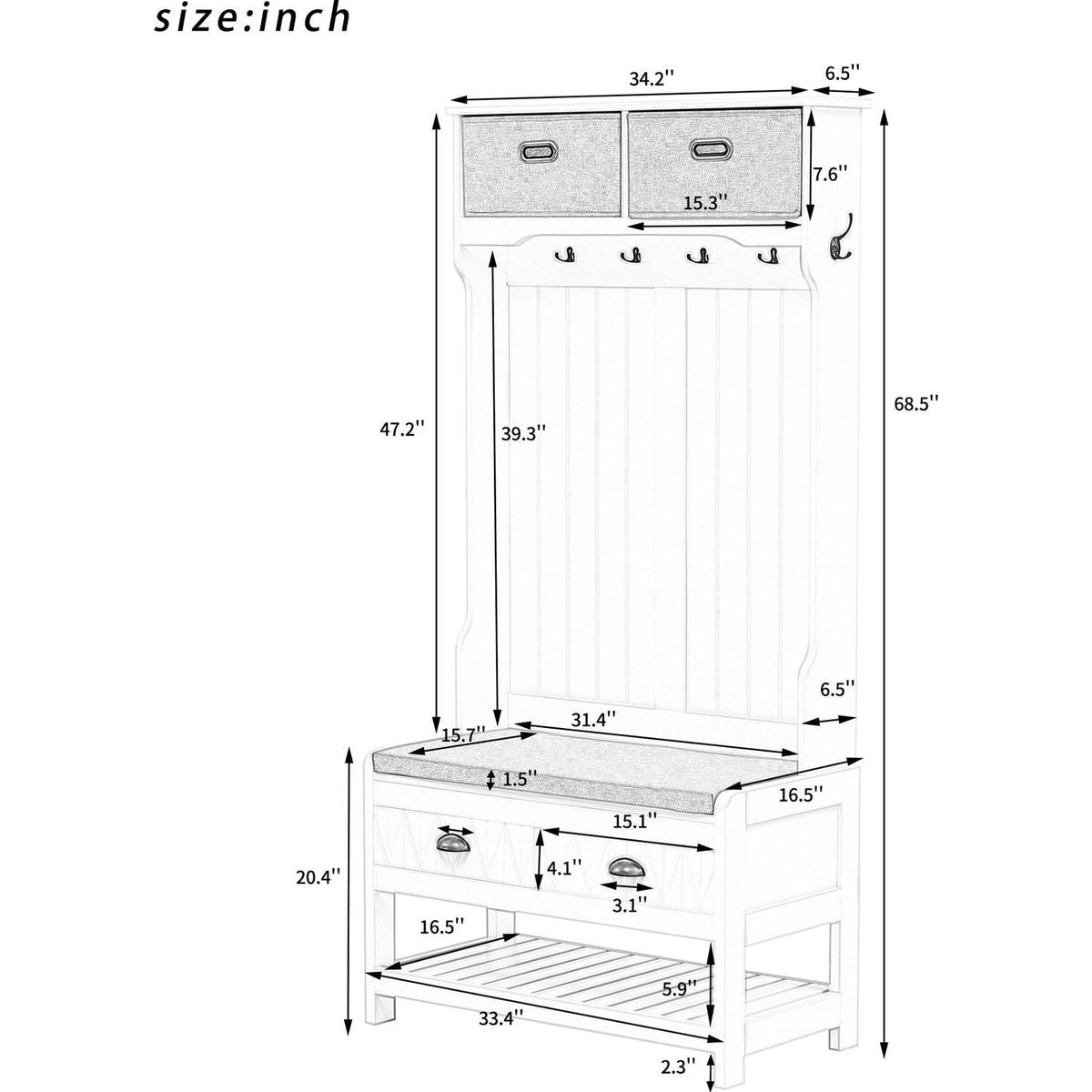 Hall Tree with 6 Hooks and Hinged Lid, Coat Hanger, Entryway Bench, Storage Bench, 3-in-1 Design, 69INCH, for Entrance, Hallway