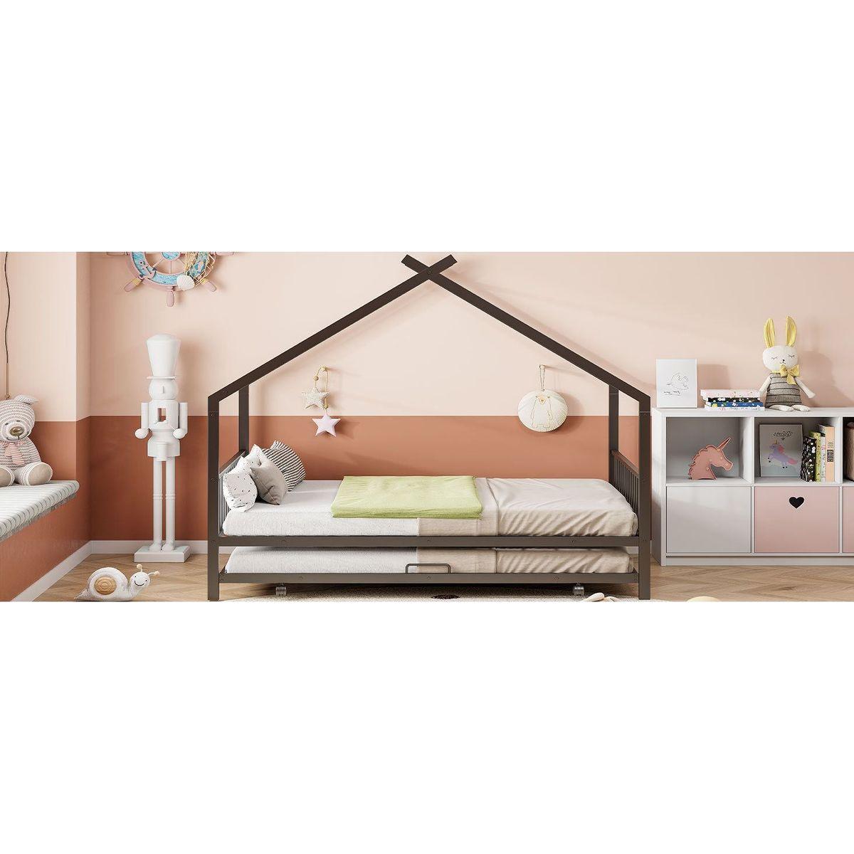 Full Size Metal House Bed with Twin Size Trundle, Black