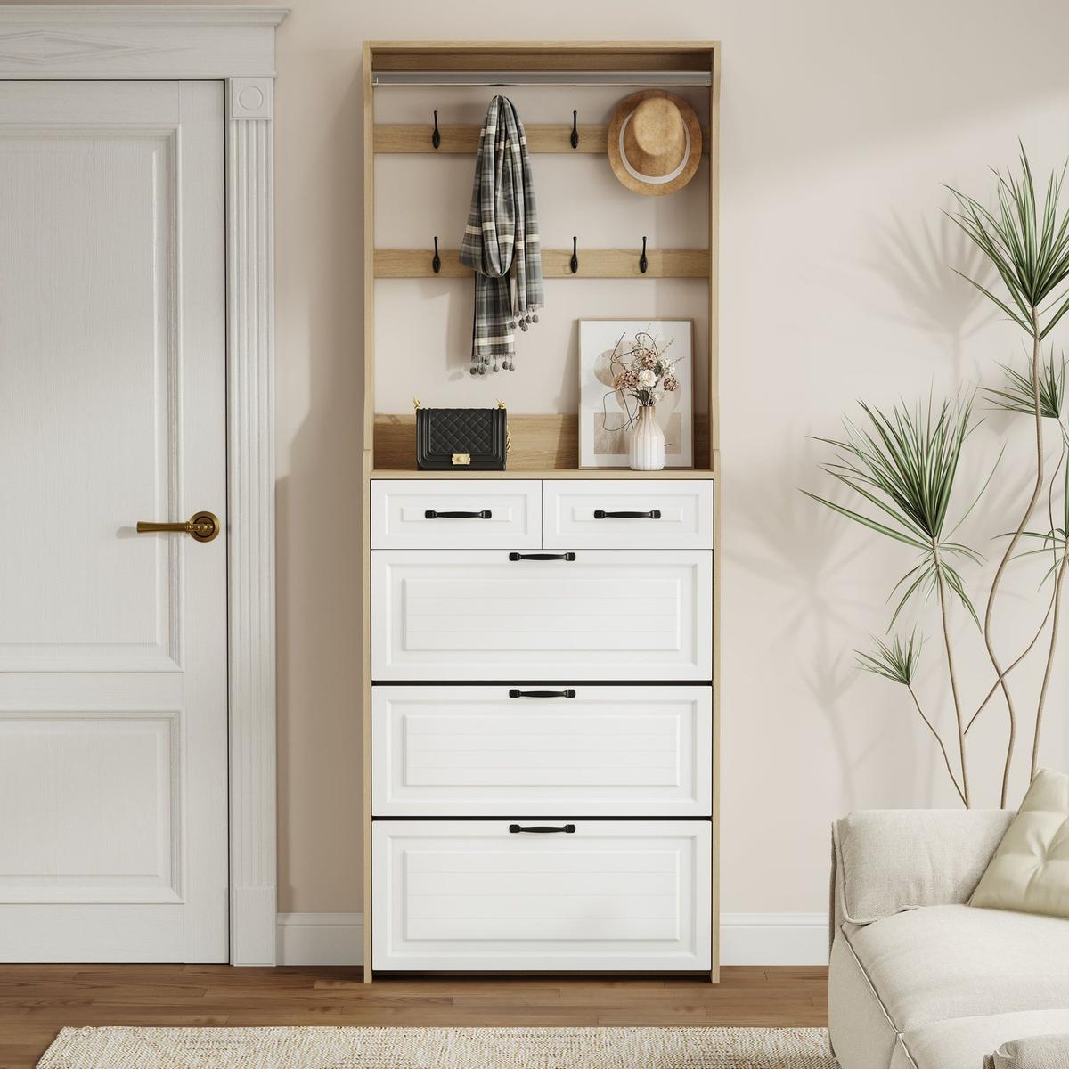 NEW OAK color shoe cabinet with 3 doors 2 drawers with hanger,large space for storage