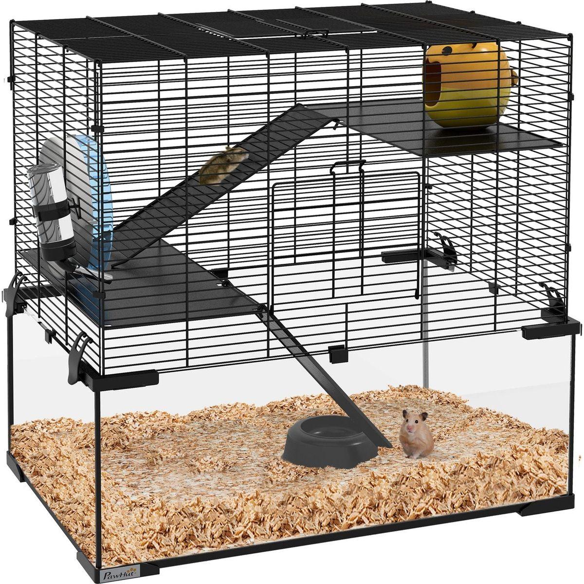 Hamster Cage, 23.5" Gerbil Cage with Glass Basin, Ramps, Platforms, Hut, Exercise Wheel, for Small Hamsters, Black