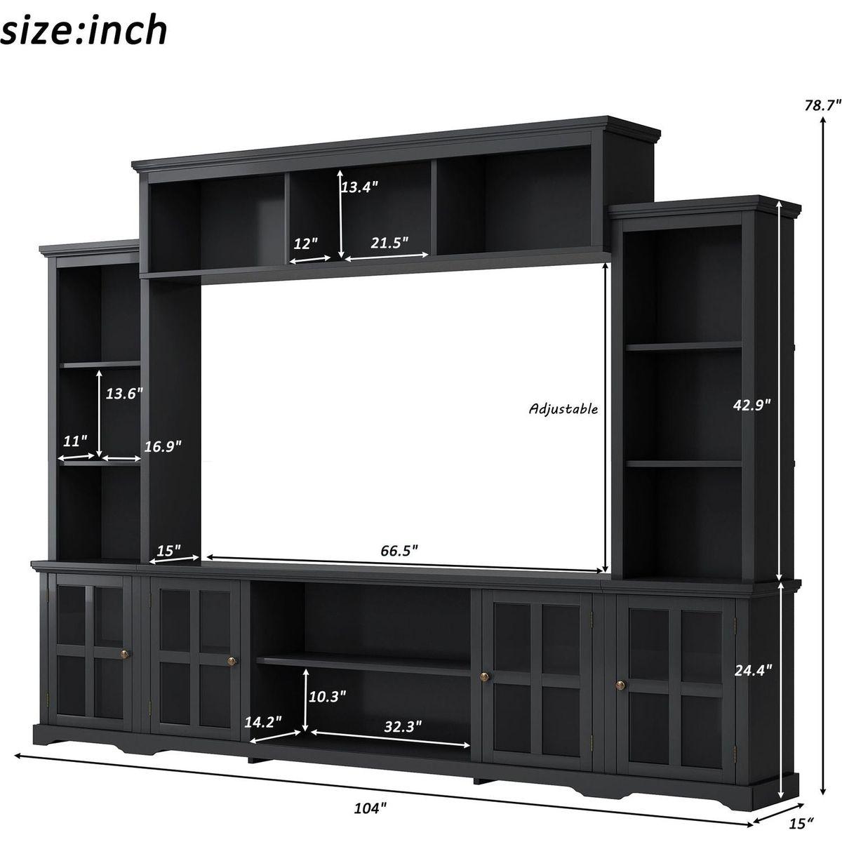 Minimalism Style Entertainment Wall Unit with Bridge, Modern TV Console Table for TVs Up to 70", Multifunctional TV Stand with Tempered Glass Door, Black