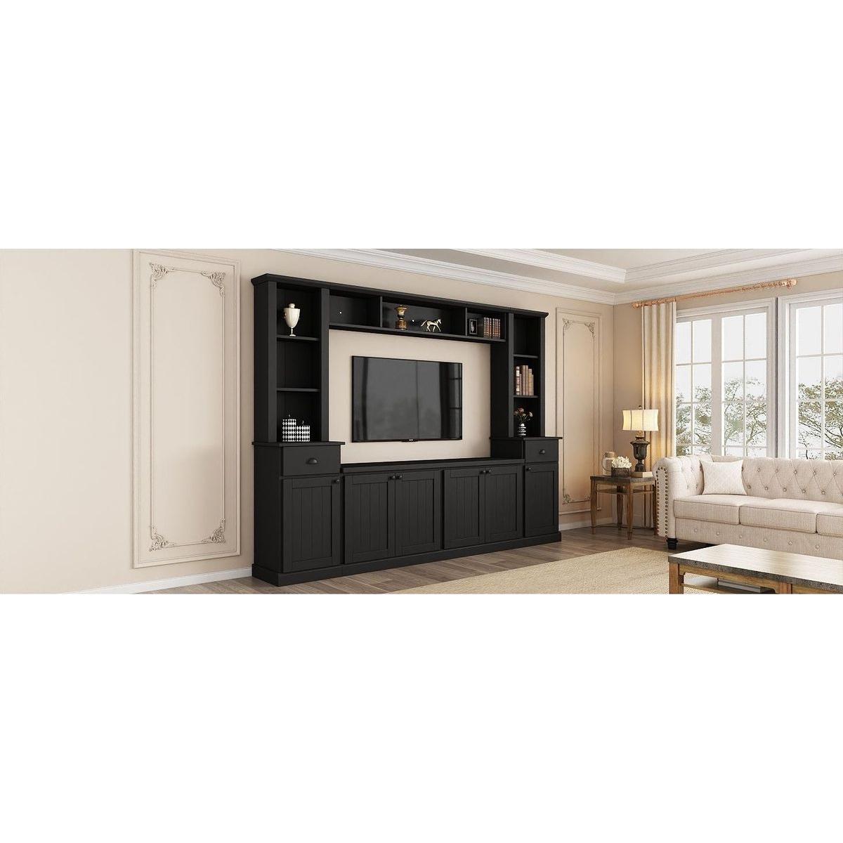 Minimalist Entertainment Wall Unit Set with Bridge for TVs Up to 75", Ample Storage Space TV Stand with Adjustable Shelves, Modernist Large Media Console for Living Room, Black