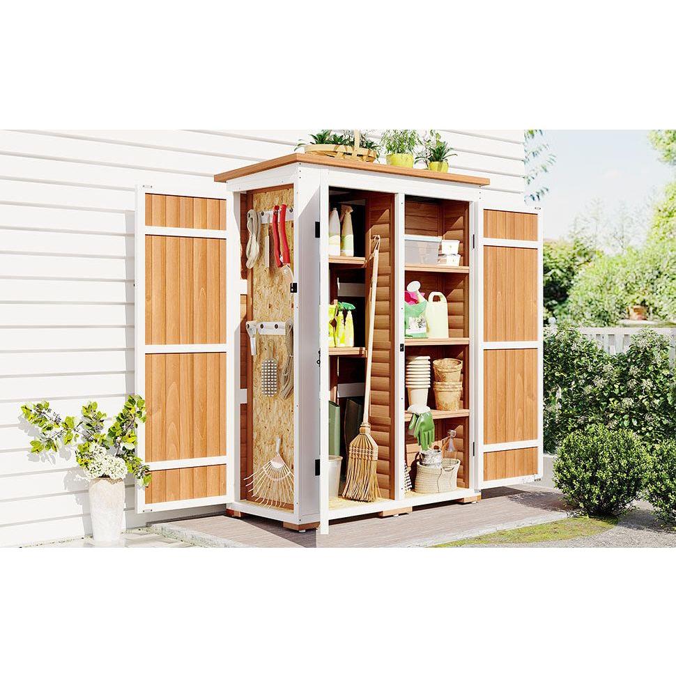 Outdoor 5.5ft Hx4.1ft L Wood Storage Shed, Garden Tool Cabinet with Waterproof Asphalt Roof, Four Lockable Doors, Multiple-tier Shelves, Natural