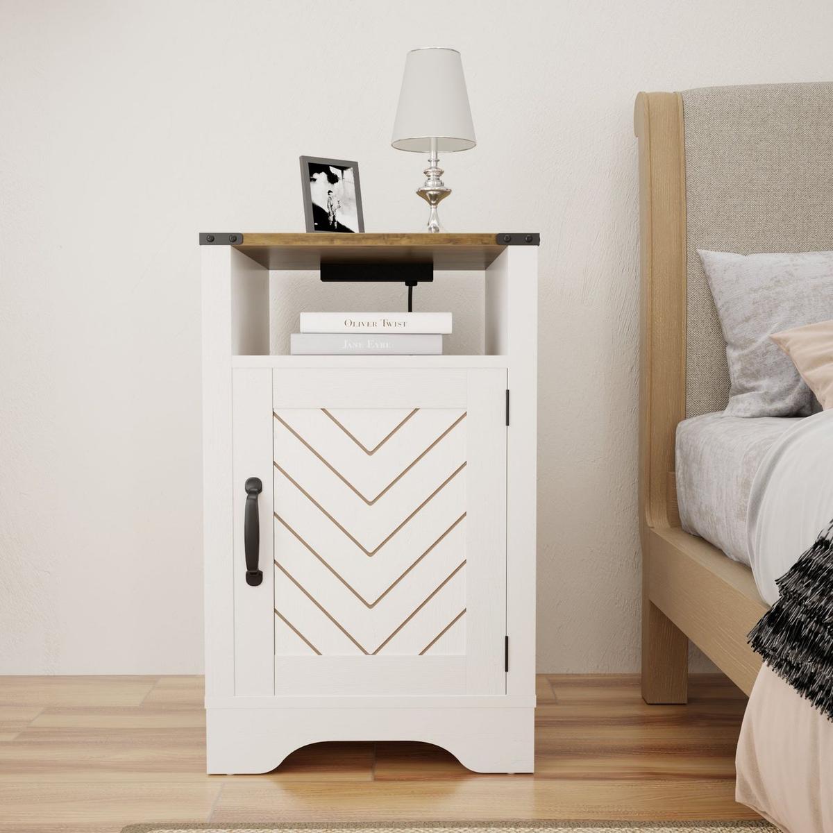 Farmhouse Nightstand Side Table, Wooden Rustic End Table, Tall Bedside Table with Electrical Outlets Charging Station - White & Oak