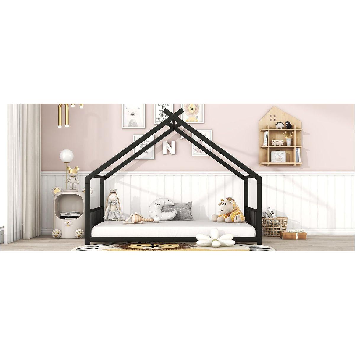 Full Size Metal House Bed, Black