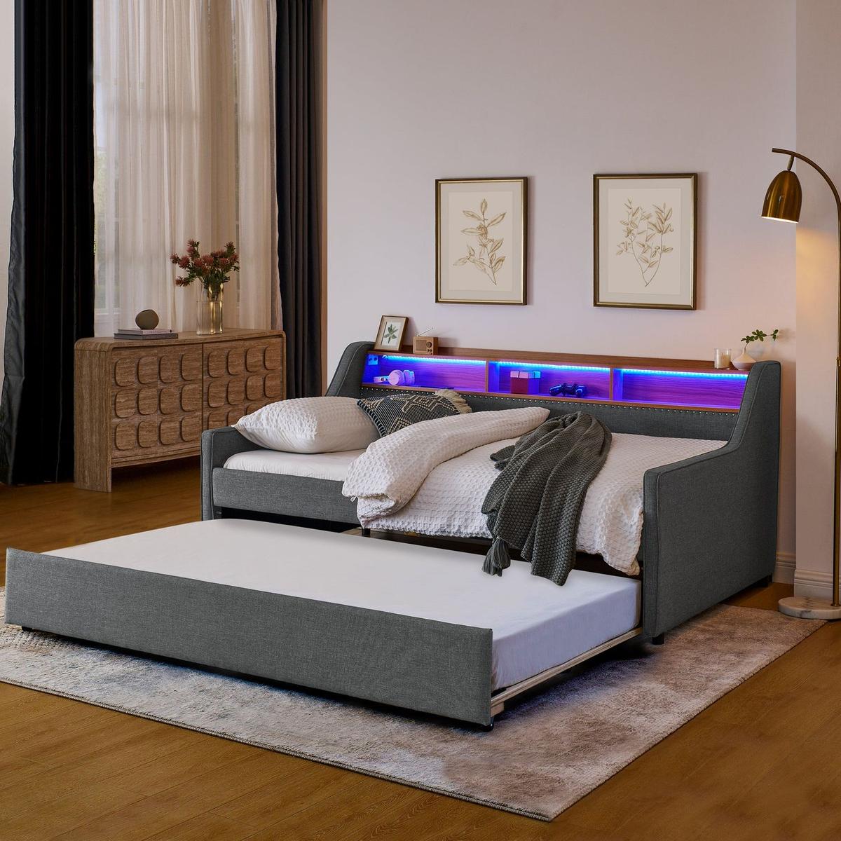 Twin Size Upholstery Sofa Bed with Three LED lights, with Storage Adjustable Headboard, with Foldable Leg Pull up Trundle Bed and Wireless Charging, Linen Padded Sofa Bed frame, Grey