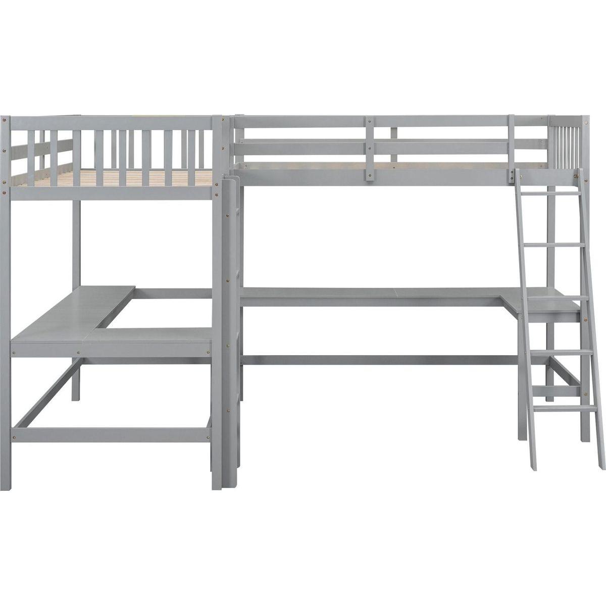 Wood Twin Size L-Shaped Loft Bed with Ladder and 2 Built-in L-Shaped Desks, Gray