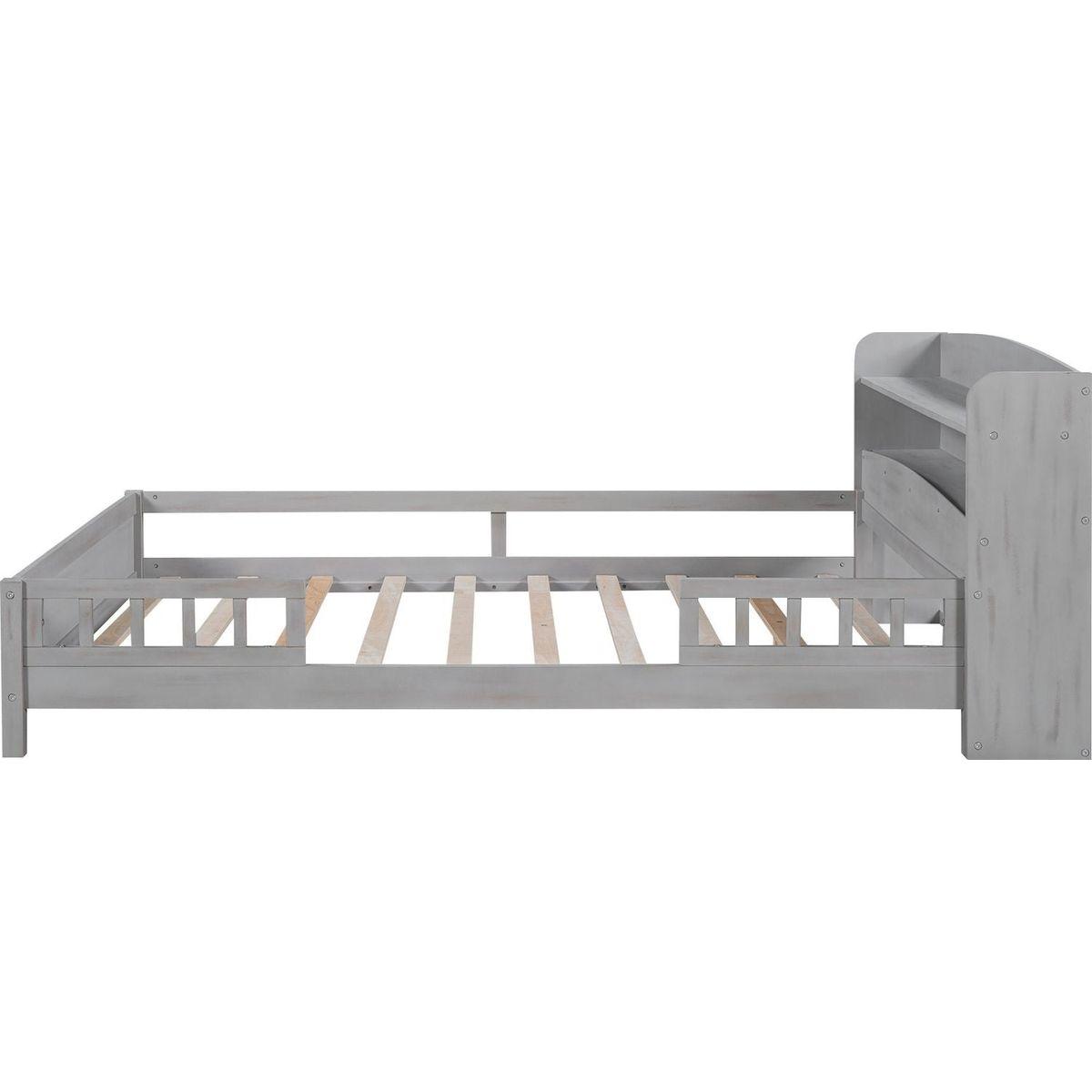 Wood Full Size Platform Bed with Built-in LED Light, Storage Headboard and Guardrail, Antique Grey