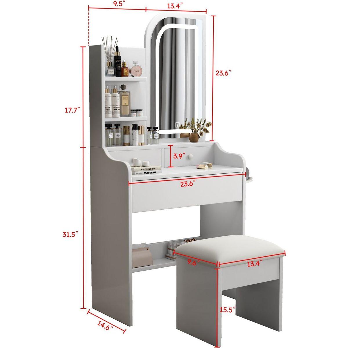 Fashion Vanity Desk with Mirror and Lights for Makeup with hair dryer holder and Chair, Vanity Mirror with Lights and Table Set with 3 Color Lighting Brightness Adjustable, 3 Drawers, White Color