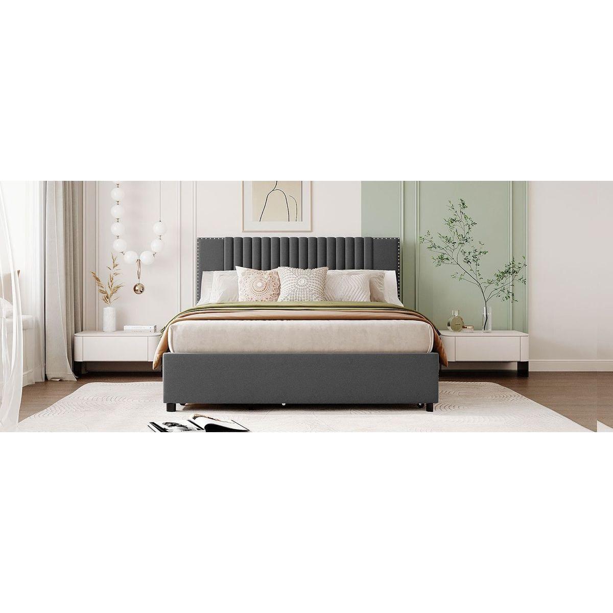 Queen Size Upholstered Platform Bed with 2 Drawers and 1 Twin XL Trundle, Classic Headboard Design, Gray