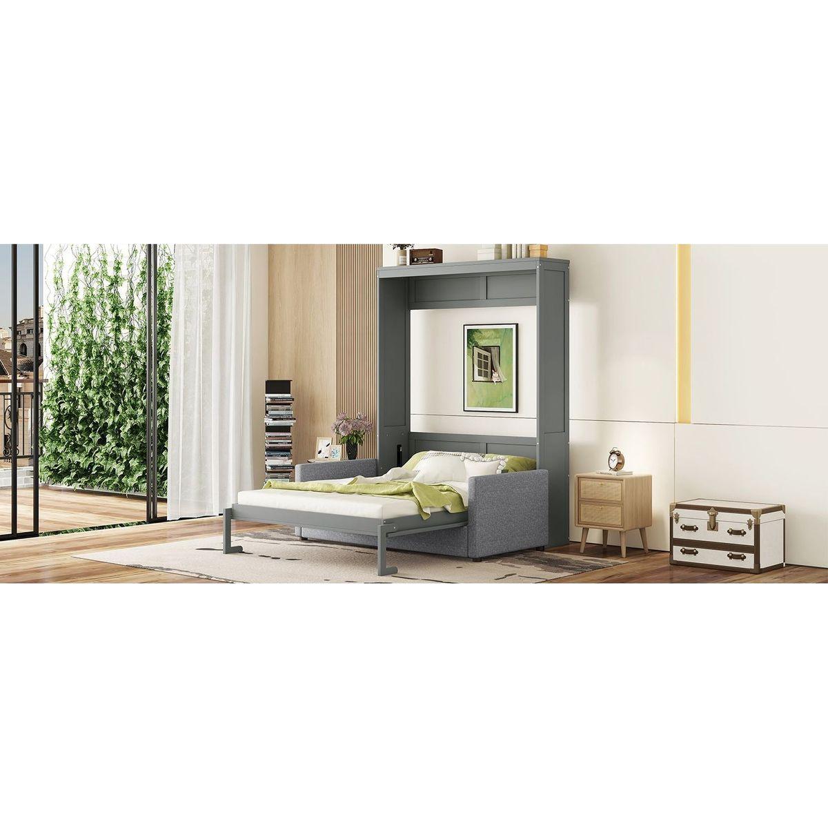 Queen Size Murphy Bed Wall Bed with Cushion,Gray
