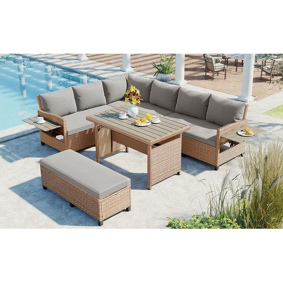 5-Piece Outdoor Patio Rattan Sofa Set, Sectional PE Wicker L-Shaped Garden Furniture Set with 2 Extendable Side Tables, Dining Table and Washable Covers for Backyard, Poolside, Indoor, Brown