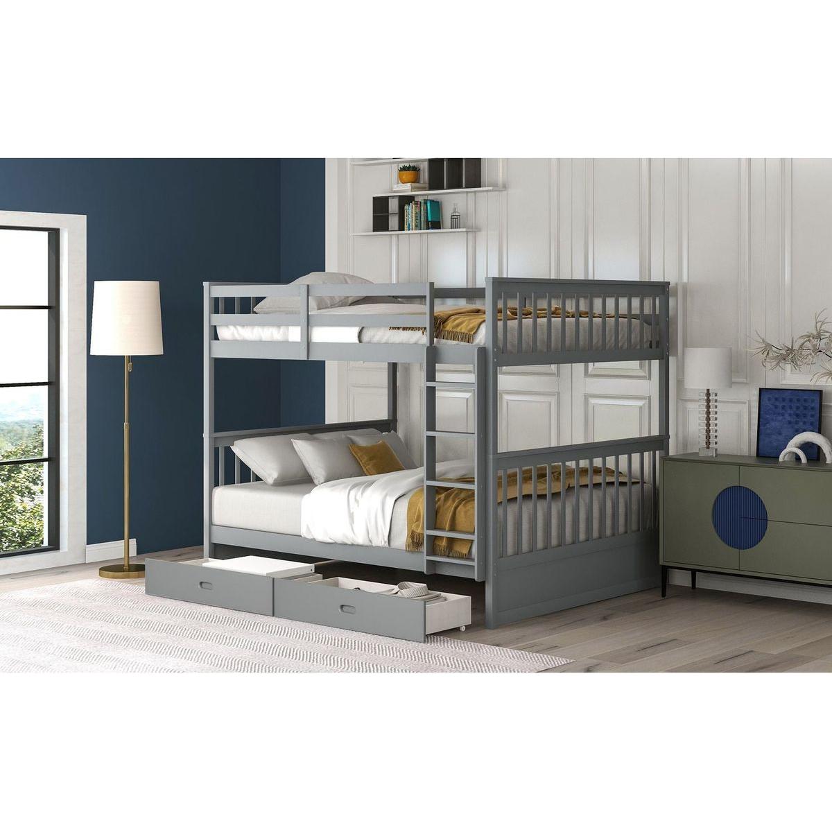 Full-Over-Full Bunk Bed with Ladders and Two Storage Drawers (Gray)