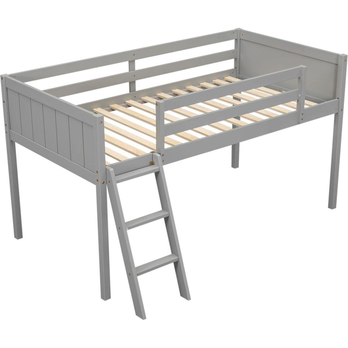 Twin Size Wood Low Loft Bed with Ladder, ladder can be placed on the left or right, Gray