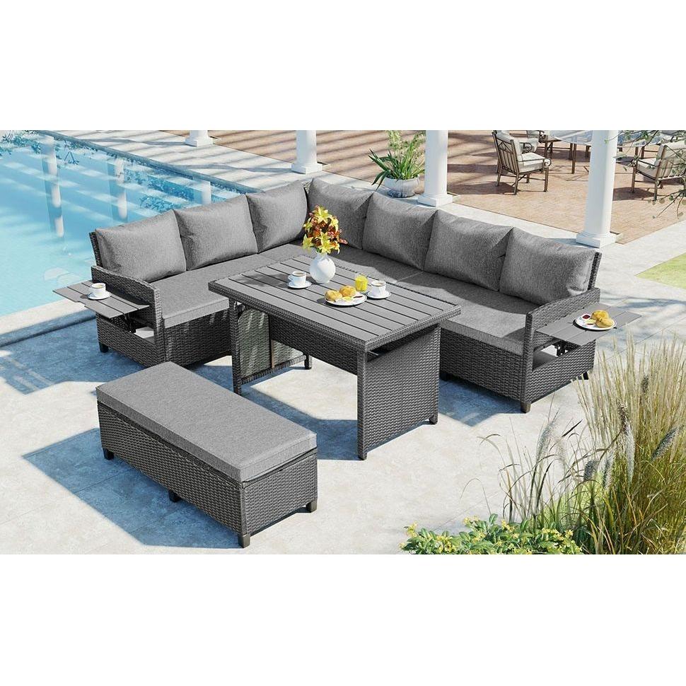 5-Piece Outdoor Patio Rattan Sofa Set, Sectional PE Wicker L-Shaped Garden Furniture Set with 2 Extendable Side Tables, Dining Table and Washable Covers for Backyard, Poolside, Indoor, Gray