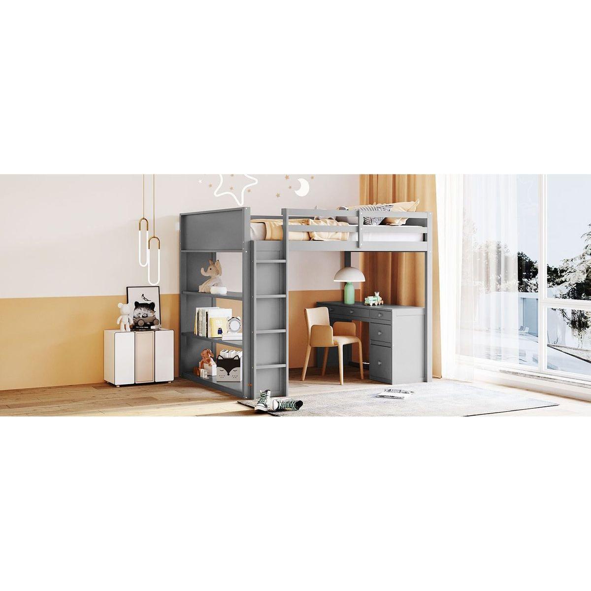 Full Size Loft Bed with Ladder, Shelves, and Desk, Gray