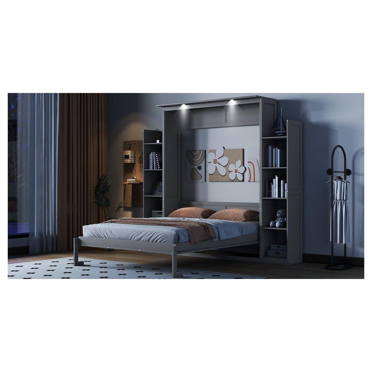 Queen Size Murphy Bed Wall Bed with Shelves and LED Lights,Gray