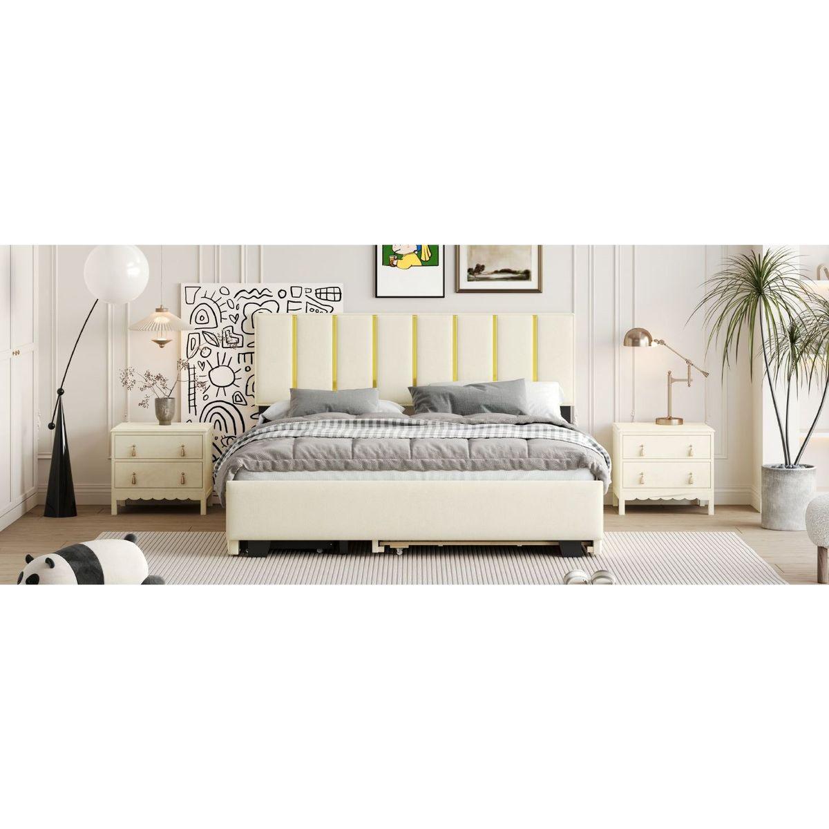 Queen Size Upholstered Platform Bed with 2 Drawers and 1 Trundle, Classic Metal Strip Headboard Design, Beige