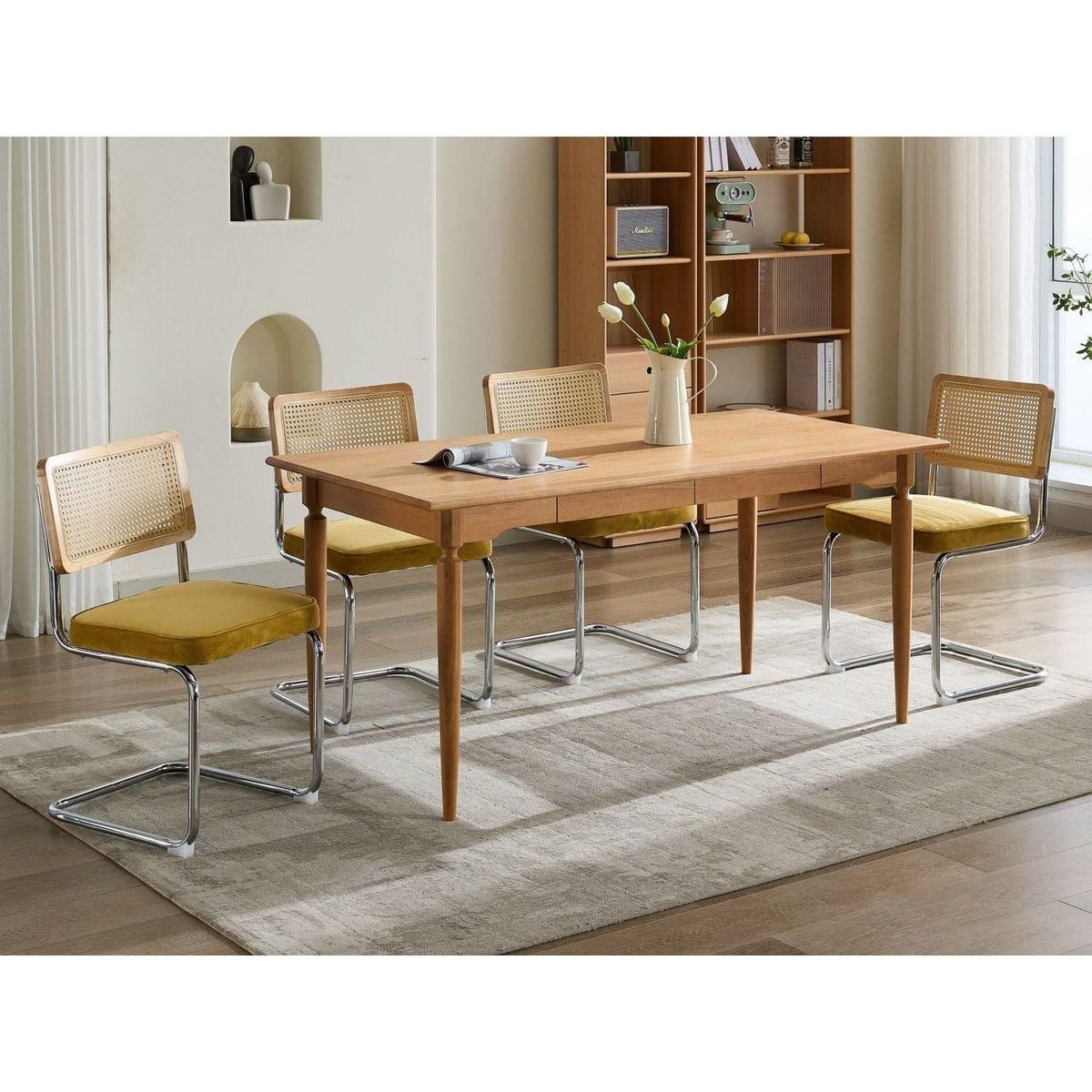 Mid Century Modern Dining Chairs Set of 2, Velvet Accent Chairs with Natural Cane Back & Stainless Chrome Base, Famous Breuer Designed Chairs, Upholstered Rattan Kitchen Chairs,Golden