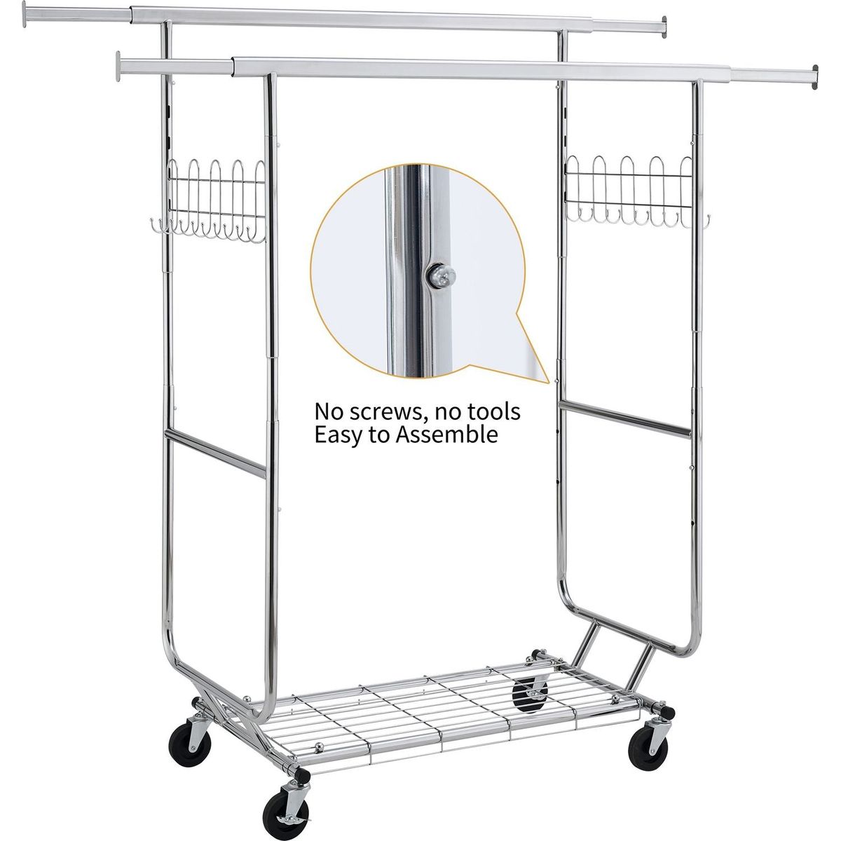 Double Clothing Garment Rack with Shelves Capacity 800lbs Clothing Racks on Wheels Rolling Clothes Rack for Hanging Clothes Heavy Duty Portable Collapsible Commercial Garment Rack