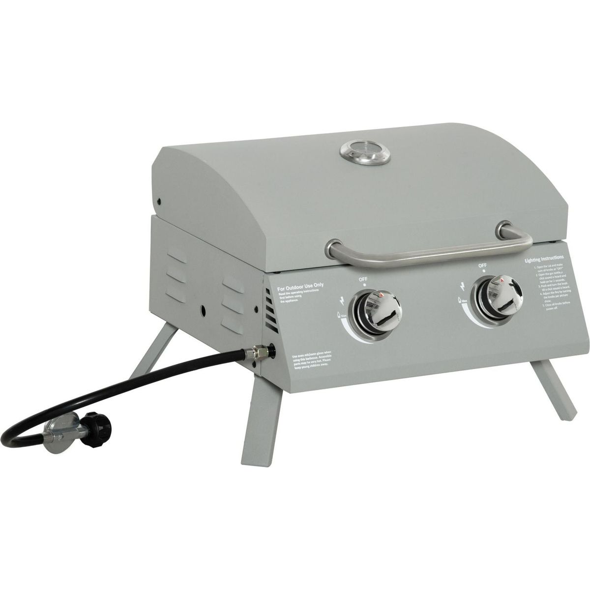 2 Burner Propane Gas Grill Outdoor Portable Tabletop BBQ with Foldable Legs, Lid, Thermometer for Camping, Picnic, Backyard, Light Grey