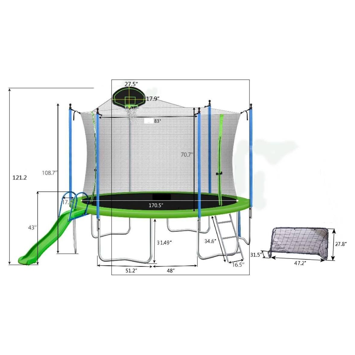 16FT Trampoline with Slide, Outdoor Trampoline for Kids and Adults with Enclosure Net and Ladder,football goal,backboard
