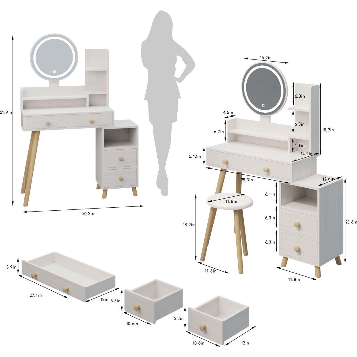 Round Mirror Bedside Cabinet Vanity Table + Cushioned Stool, With 2 AC Power + 2 USB socket, 17" diameter LED Mirror, Touch Control, 3-color, Brightness adjustable, Large desktop, Multi-layer Storage