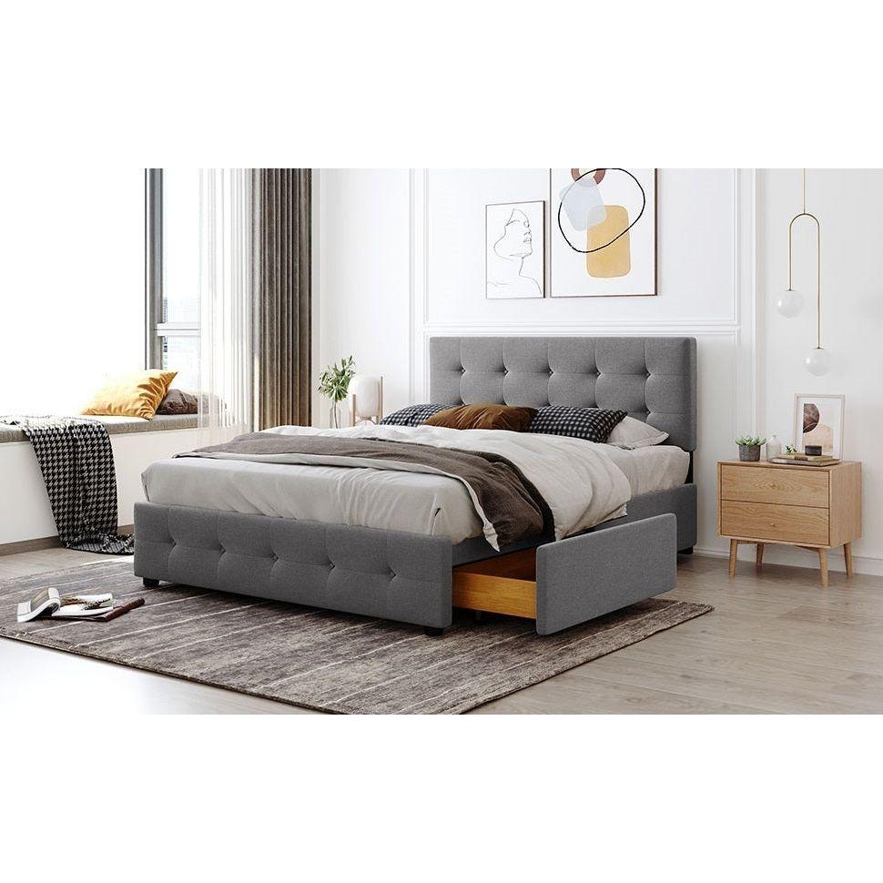 Upholstered Platform Bed with Classic Headboard and 4 Drawers, No Box Spring Needed, Linen Fabric, Queen Size Light Gray