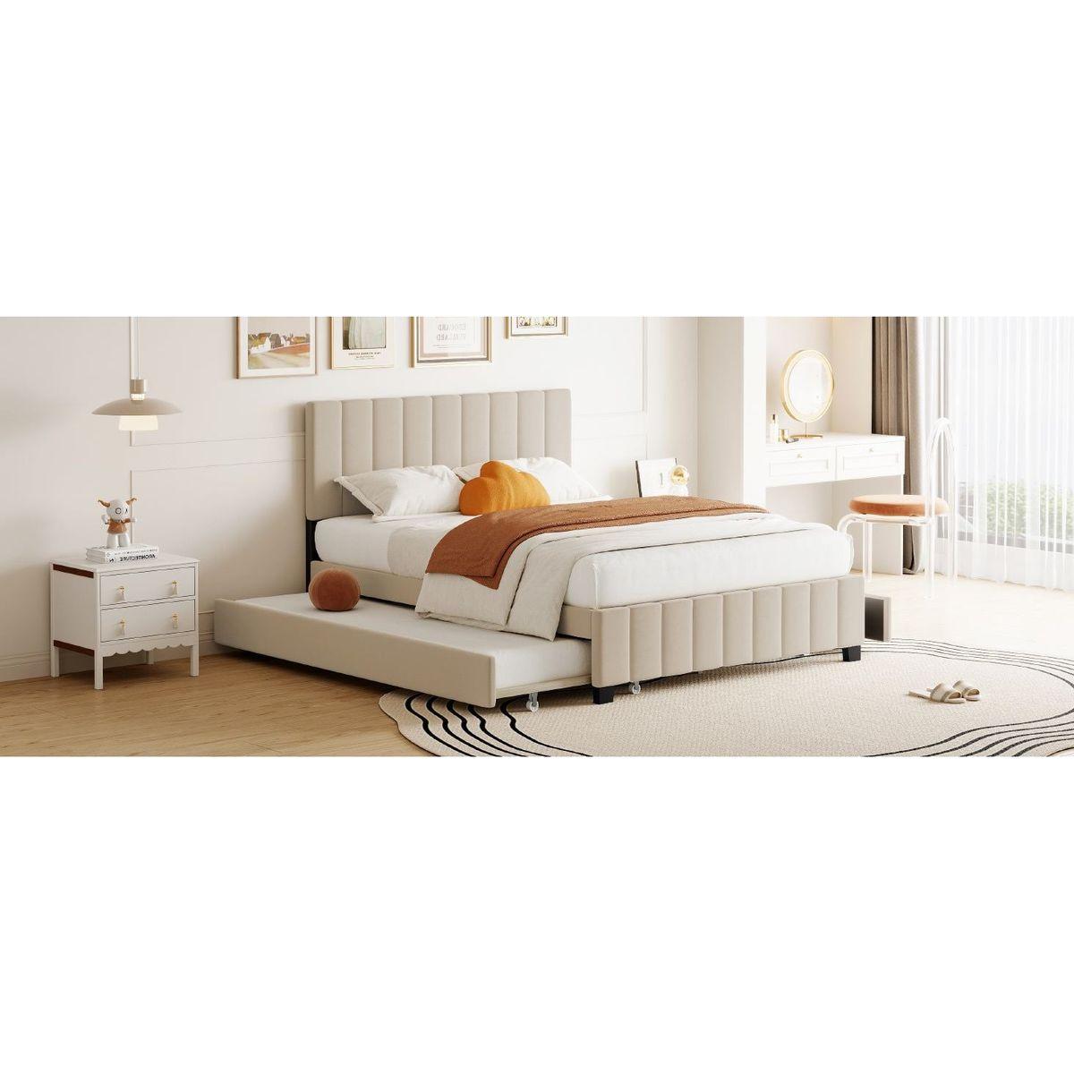 Queen Size Velvet Upholstered Platform Bed with 2 Drawers and 1 Twin XL Trundle- Beige