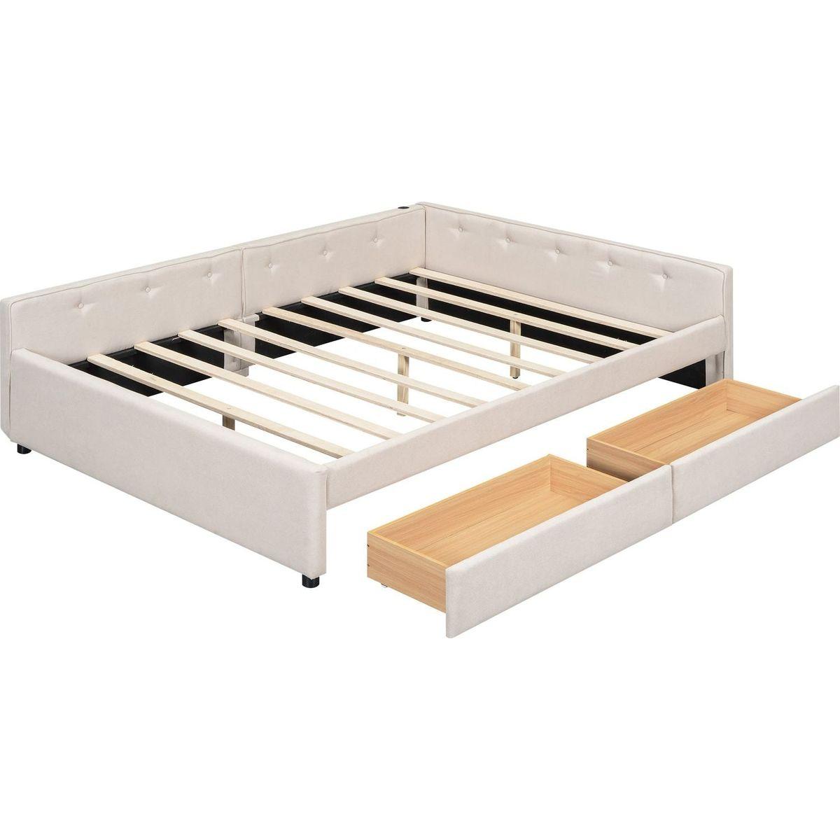 Queen Size Upholstered Platform Bed with USB and 2 Drawers, Beige