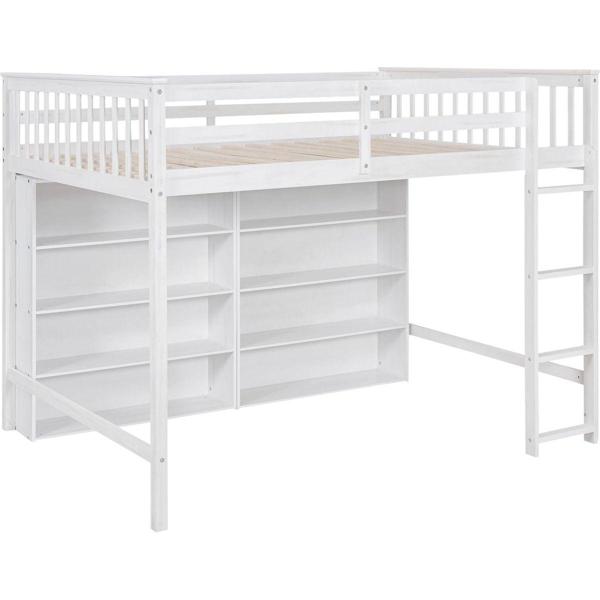 Full Size Loft Bed with 8 Open Storage Shelves and Built-in Ladder, White