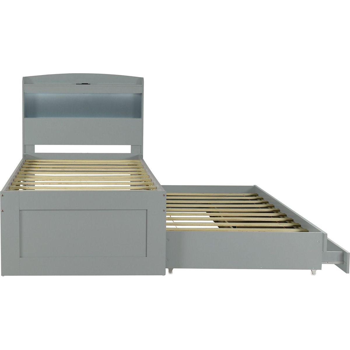 Twin XL Size Platform Bed with Storage LED Headboard, Charging Station, Twin Size Trundle and 2 Drawers, Gray