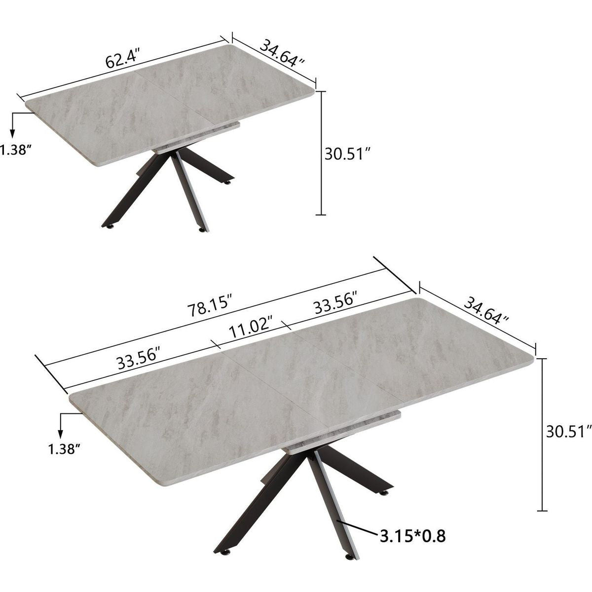 62.4" Extendable 78.15"Very large Grey Dining Table Modern Mid-Century Kitchen Table Set for Dining Room, party Table,Conference table,Black metal X shape Legs.