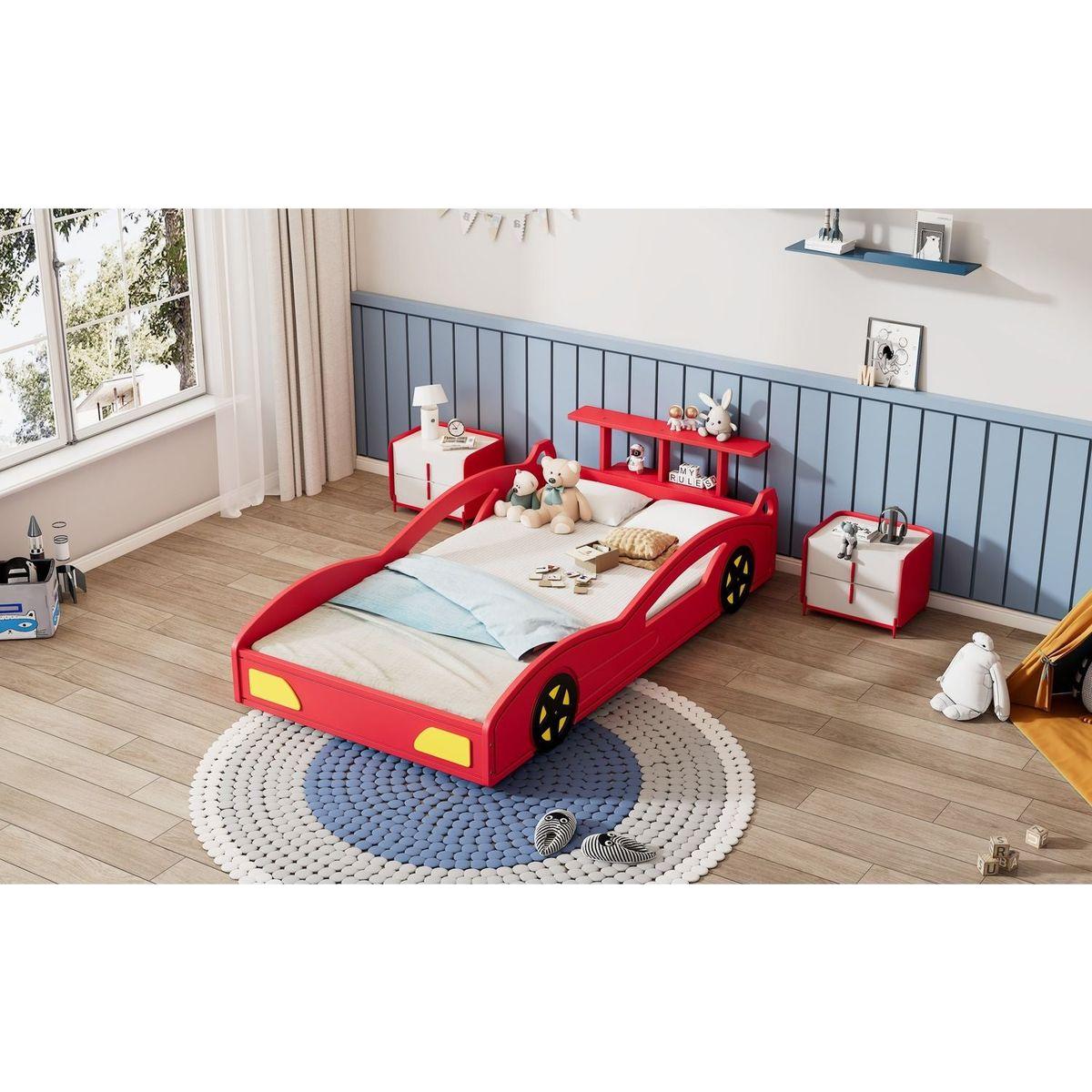 Wooden Race Car Bed,Car-Shaped Platform Twin Bed with Wheels For Teens,Red & Yellow