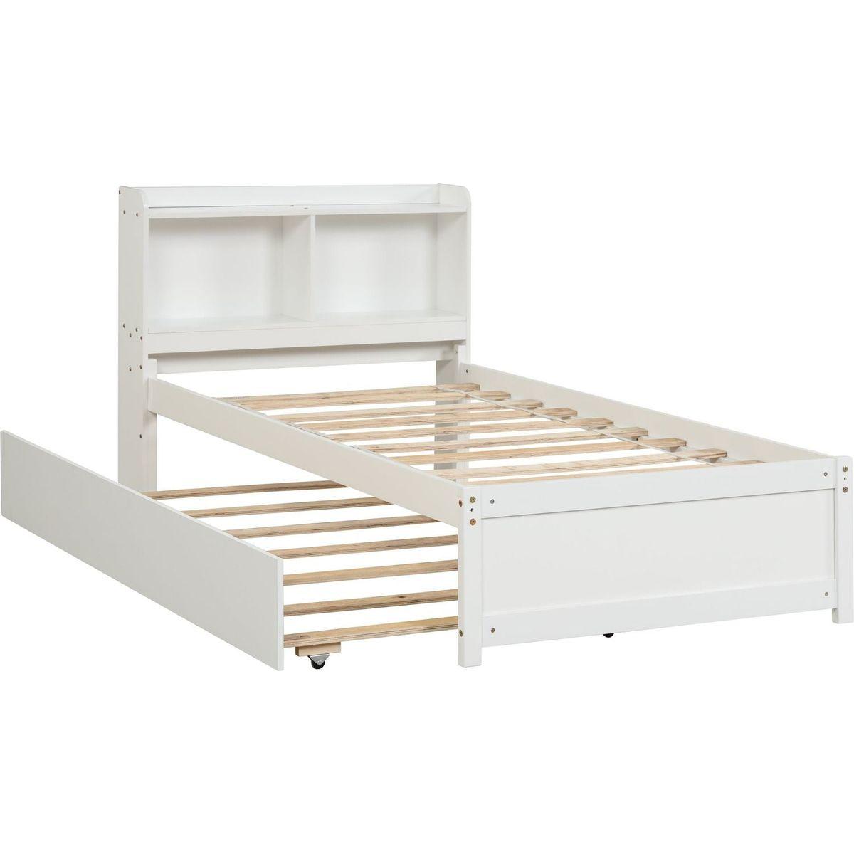 Twin Bed with Trundle,Bookcase,White