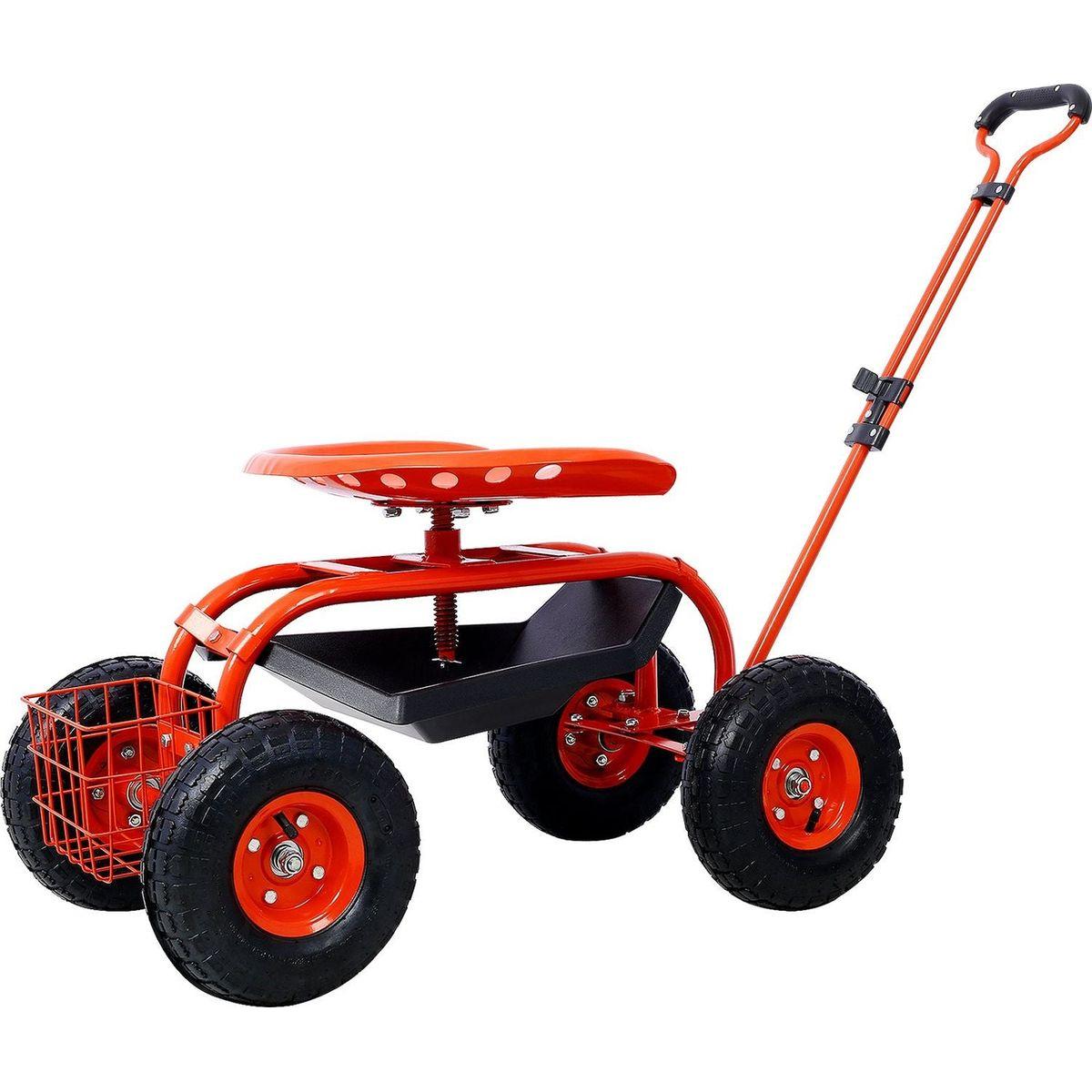 Rolling Garden Scooter Garden Cart Seat with Wheels and Tool Tray, 360 Swivel Seat,Red---refurbished