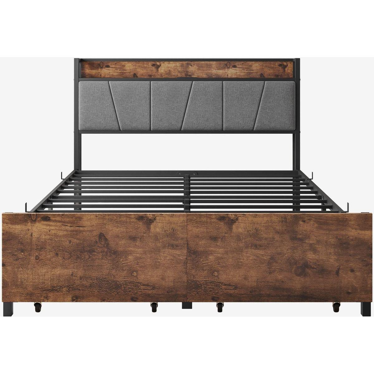 Full Size Bed Frame, Storage Headboard with Charging Station and 2 Storage Drawers, Solid and Stable, Noise Free, No Box Spring Needed, Easy Assembly,Vintage Brown and Gray