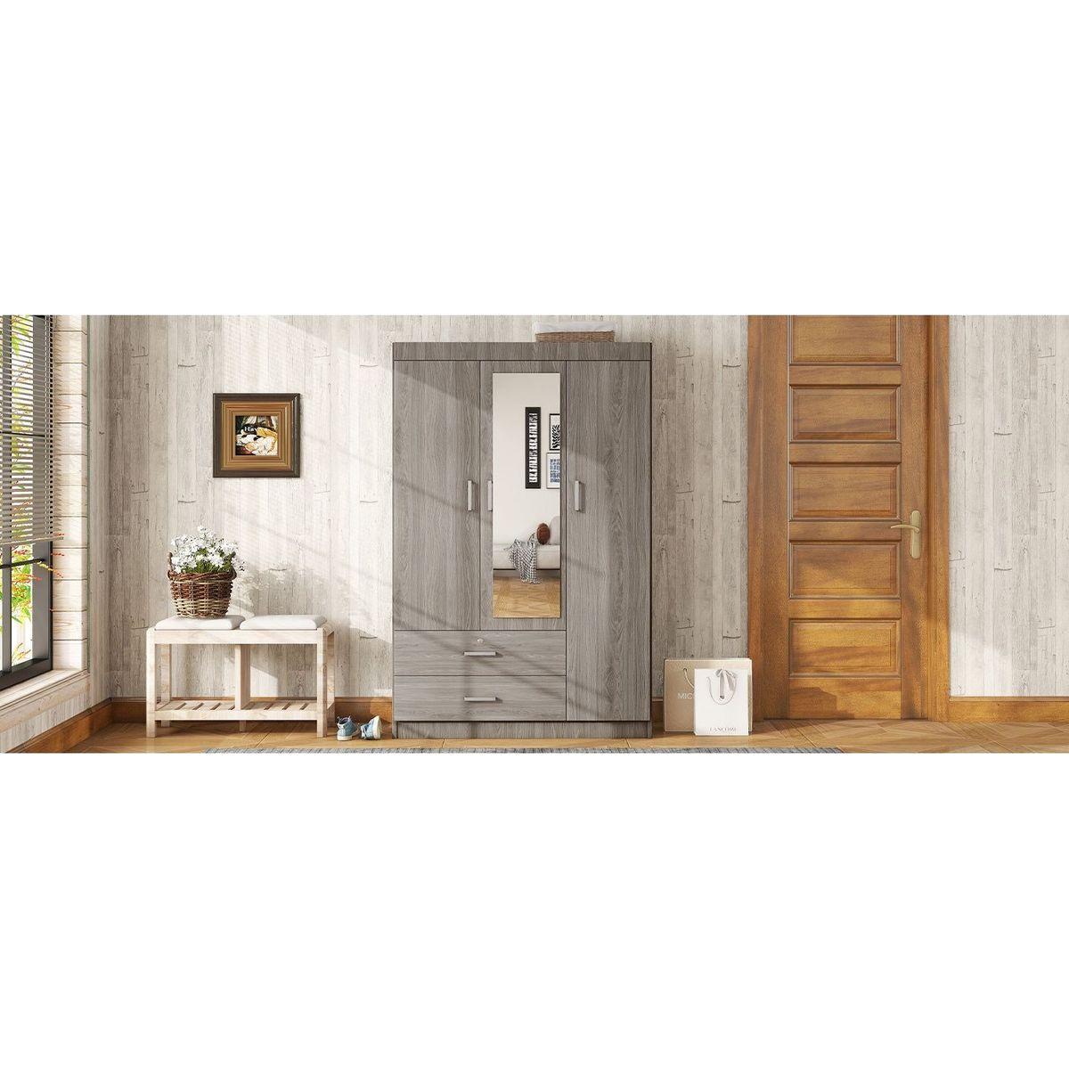 3-Door Mirror Wardrobe with shelves, Gray