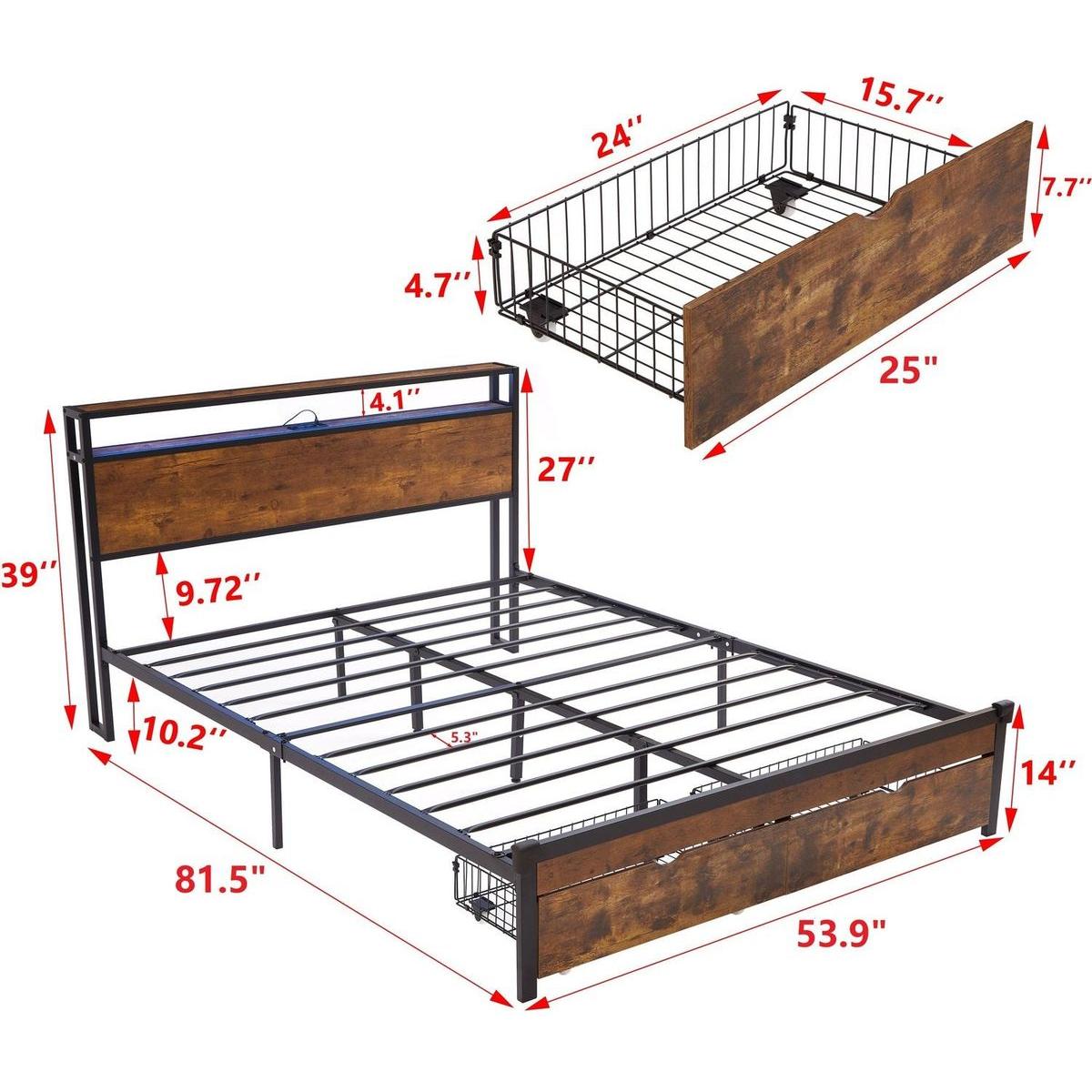 Full Size Metal Platform Bed Frame with Wooden Headboard and Footboard with USB,Charging Station,2 Drawers,LED Lights, No Box Spring Needed, Easy Assemble