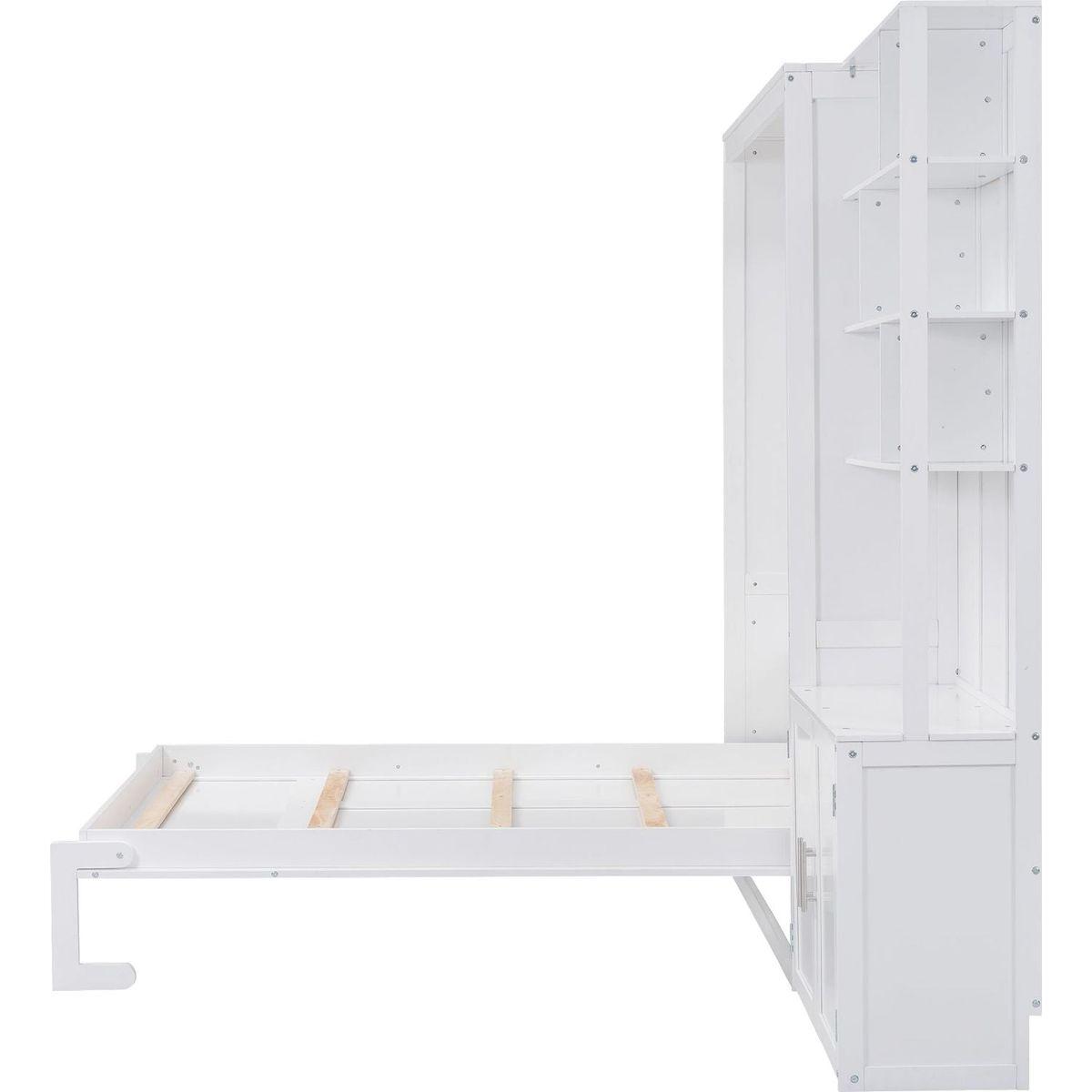 Full Size Murphy Bed with Multiple Storage Shelves and A Cabinet, White