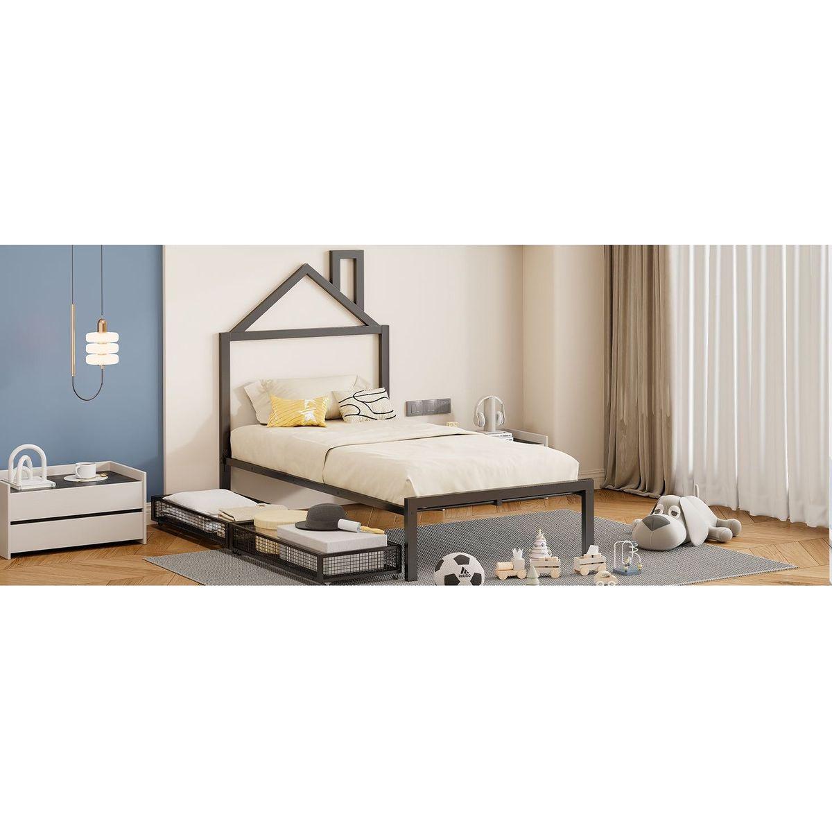 Twin Size Metal Platform Bed with two drawers,House-Shaped Headboard Design, Black