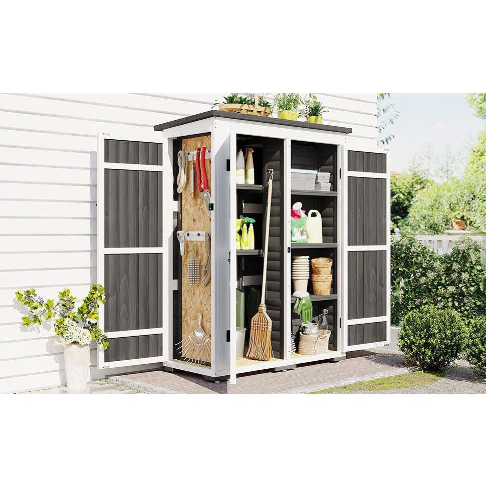 Outdoor 5.5ft Hx4.1ft L Wood Storage Shed, Garden Tool Cabinet with Waterproof Asphalt Roof, Four Lockable Doors, Multiple-tier Shelves, White and Gray